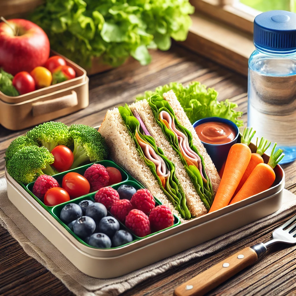 Healthy school lunch in a bento box with a sandwich, fresh veggies, mixed berries, and a water bottle on a wooden table.