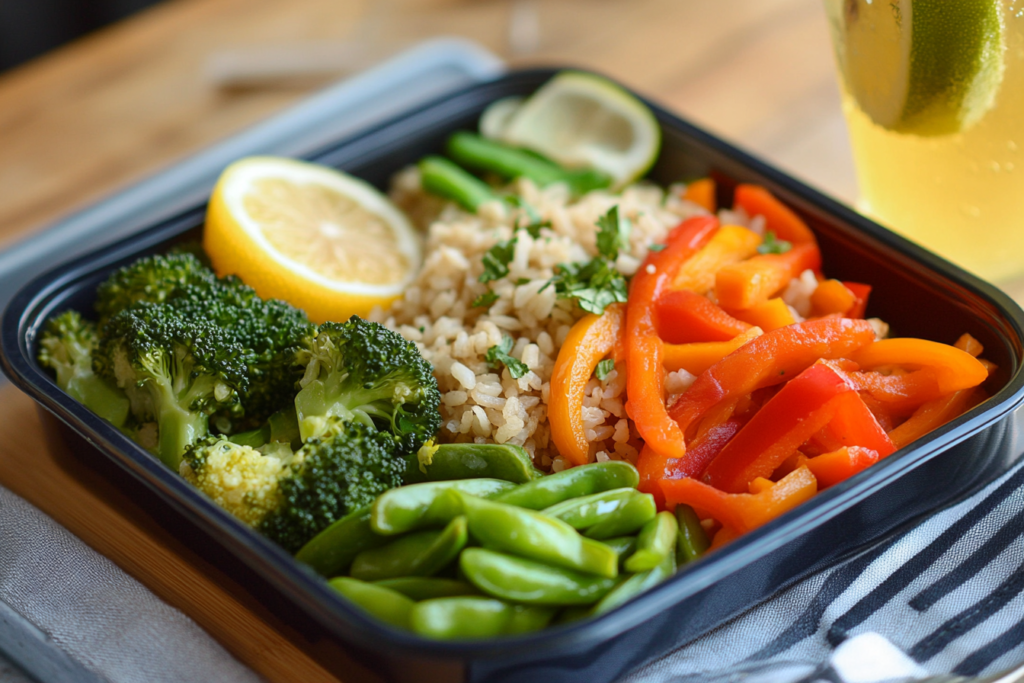 A nutritious meal featuring frozen stir fry vegetables, including broccoli, snap peas, red and yellow bell peppers, served with brown rice and a lemon wedge.