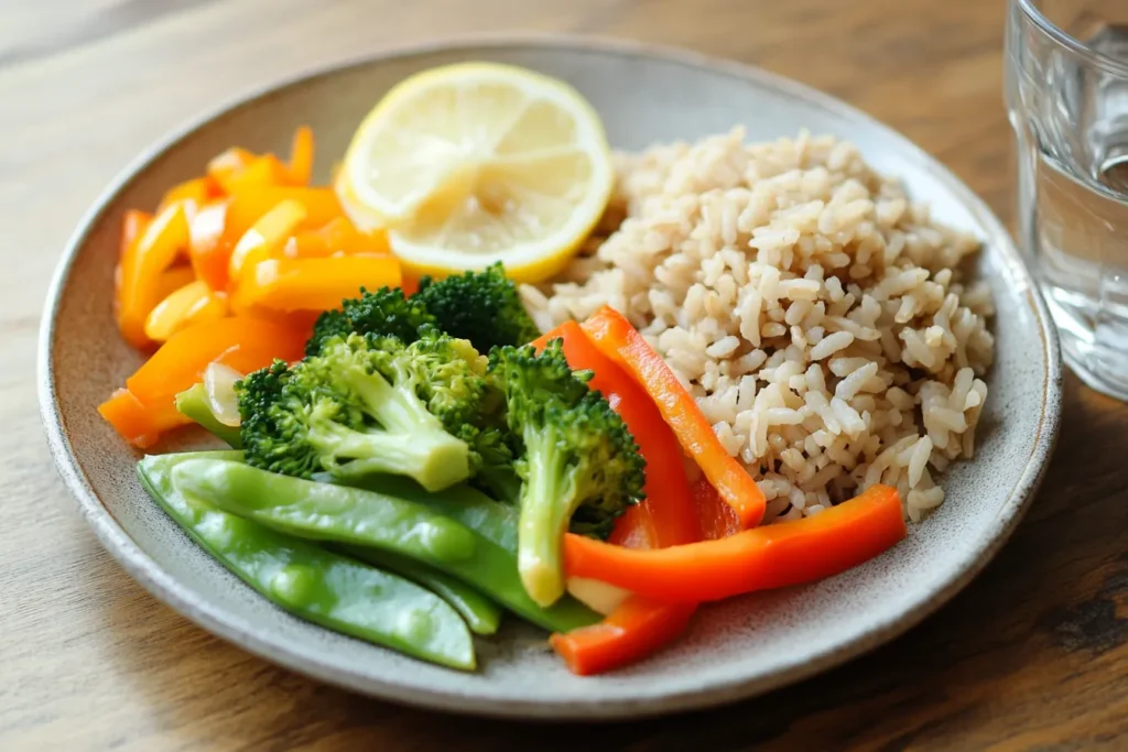 A healthy plate featuring frozen stir fry vegetables, including broccoli, snap peas, and bell peppers, served with brown rice and fresh lemon slices.