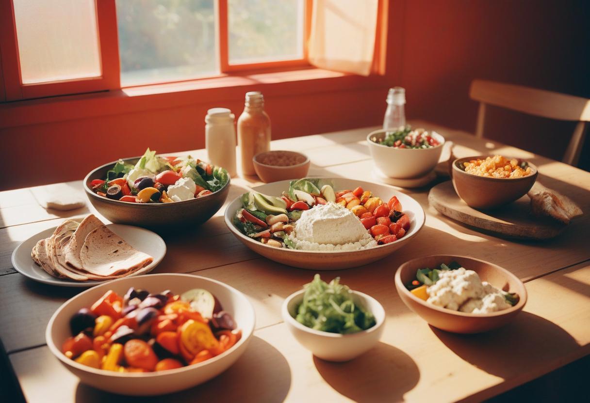 A vibrant table filled with high-protein cottage cheese lunch recipes, including colorful salads, wraps, and roasted vegetable dishes, in natural lighting.