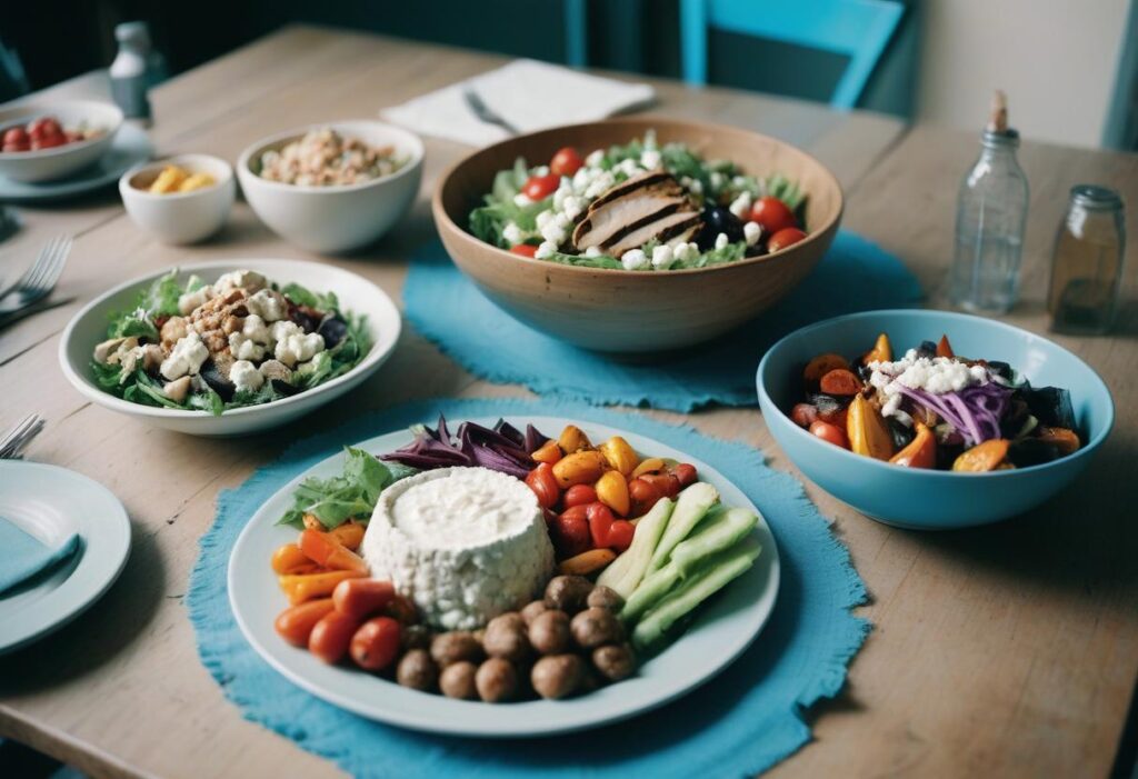 A vibrant table setup featuring high-protein cottage cheese recipes, including salads, roasted vegetables, and fresh vegetable platters.