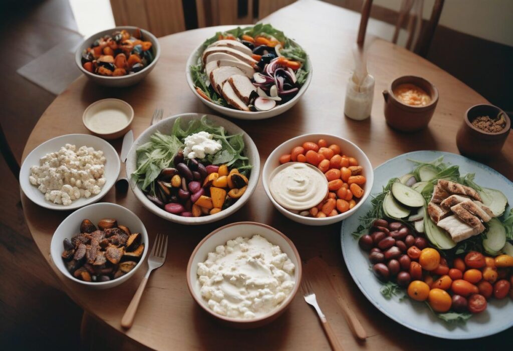  A vibrant table with high-protein cottage cheese lunch recipes, including salads, grilled chicken, roasted vegetables, and fresh tomatoes