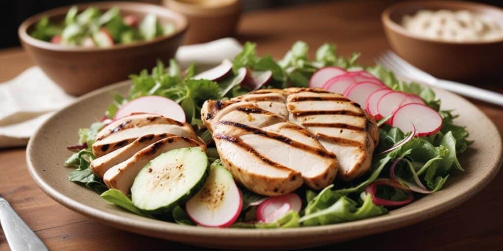 A nutritious lunch plate featuring grilled chicken breast slices on a bed of fresh greens, sliced radishes, and cucumbers, perfect for a high-protein meal.