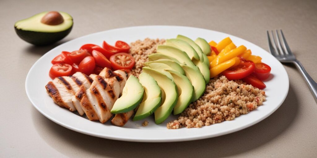 A beautifully arranged high-protein lunch plate featuring grilled chicken slices, quinoa, fresh avocado slices, cherry tomatoes, and bell peppers on a white plate with a clean background.