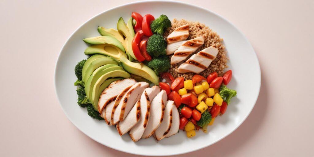 A beautifully arranged high-protein lunch plate featuring grilled chicken slices, avocado, quinoa, broccoli, and colorful vegetables like cherry tomatoes and yellow peppers on a white plate.