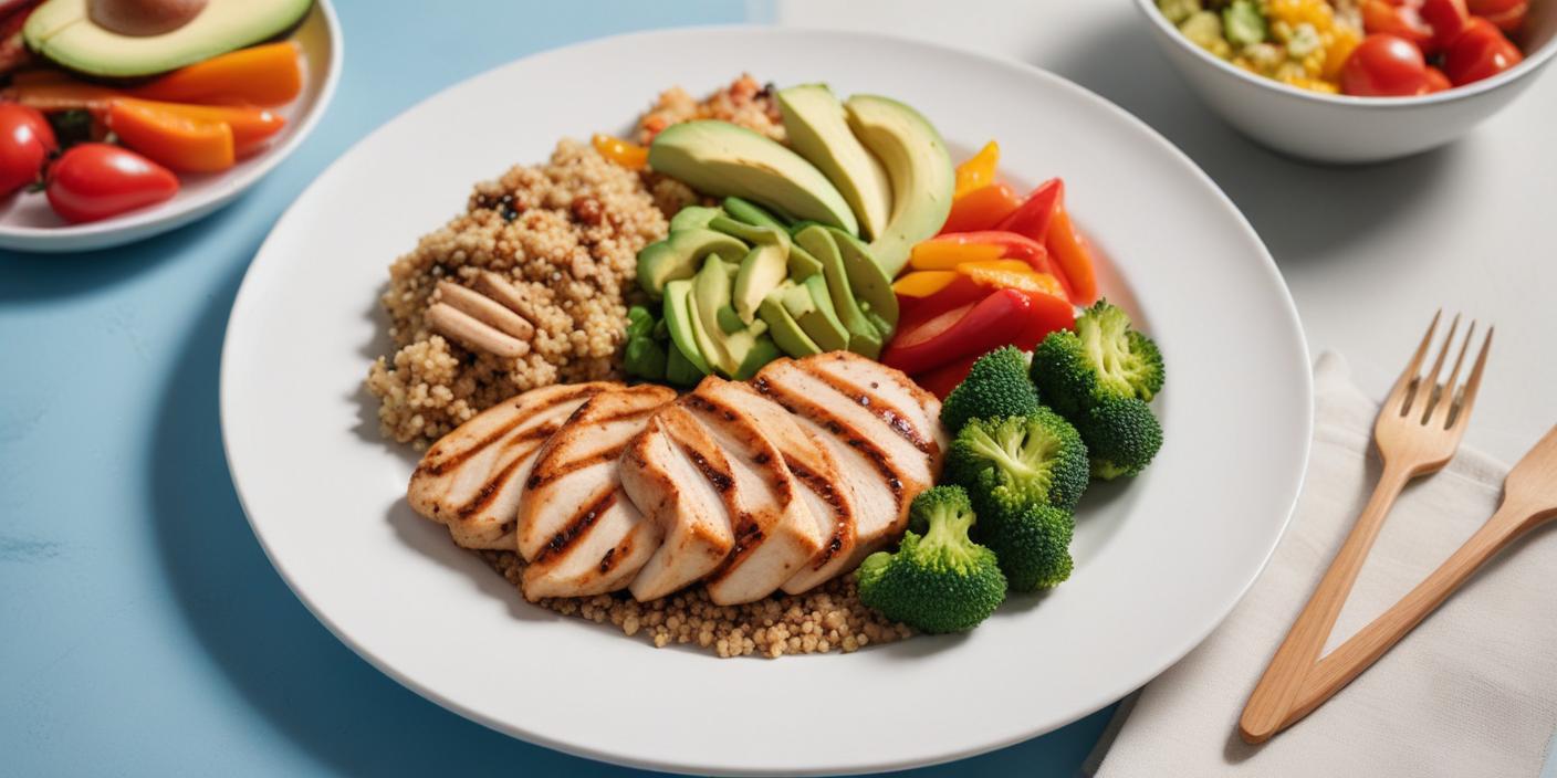 A vibrant high-protein lunch plate featuring grilled chicken slices, avocado, broccoli, quinoa, and colorful bell peppers on a white plate.