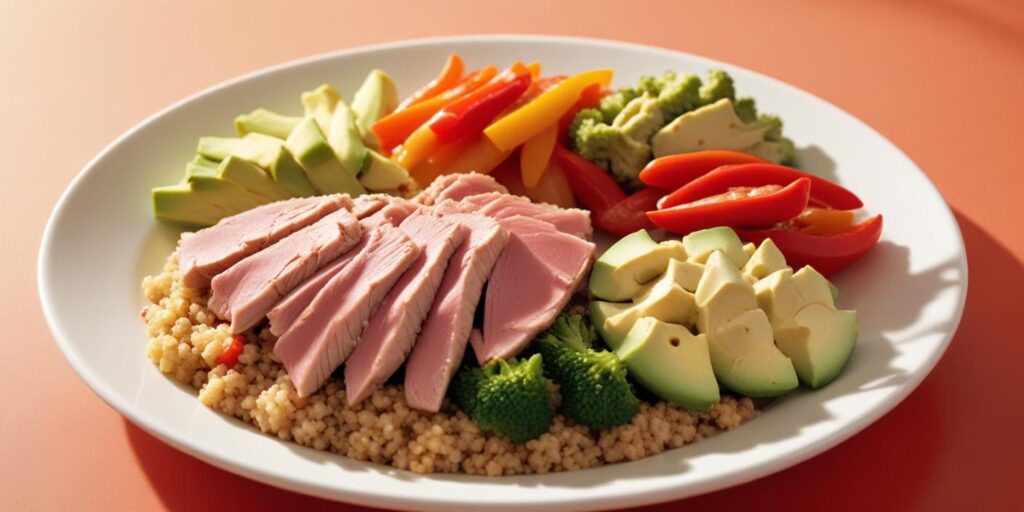 A colorful plate of high-protein lunch featuring sliced tuna, avocado slices, couscous, steamed broccoli, and bell peppers on a white plate.