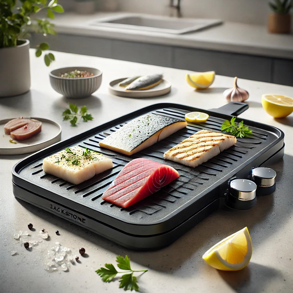 "A realistic scene of a Blackstone griddle cooking tuna, halibut, and mahi-mahi fillets with lemon wedges and parsley garnish."