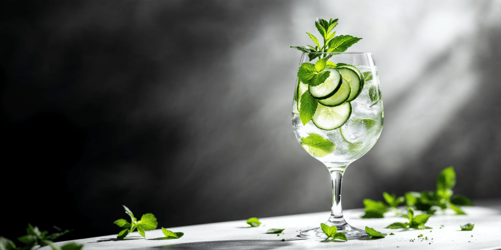 A stylish Hugo Spritz cocktail in a wine glass, garnished with fresh cucumber slices and mint leaves, placed on a light table with a dark background.