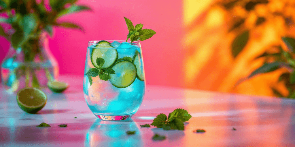 A vibrant Hugo Spritz cocktail in a glass garnished with fresh mint and lime slices, set on a colorful table with a pink and orange background.