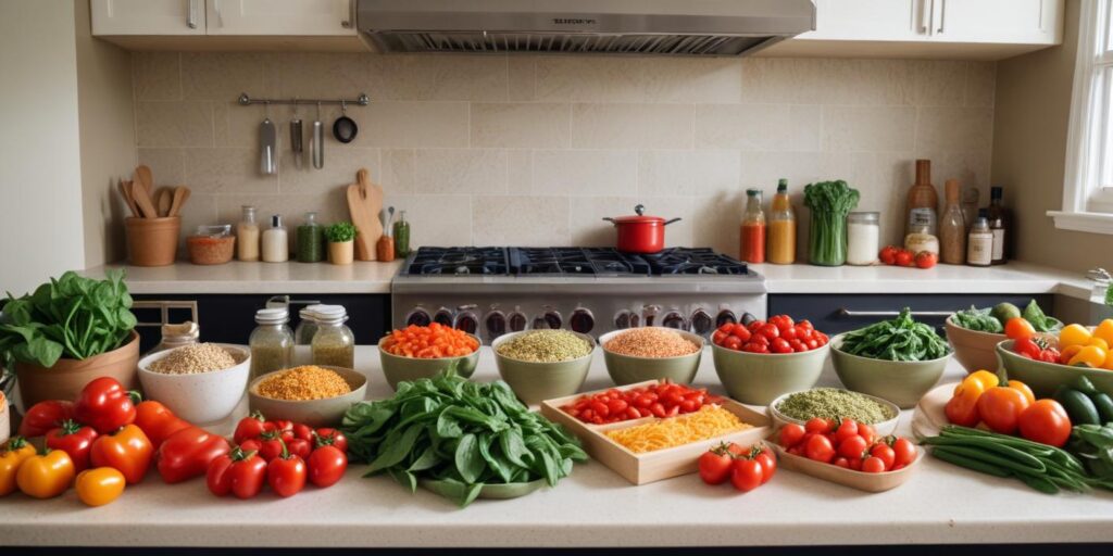 A beautifully organized kitchen counter with fresh vegetables, grains, and cooking essentials for preparing 30-minute meals.