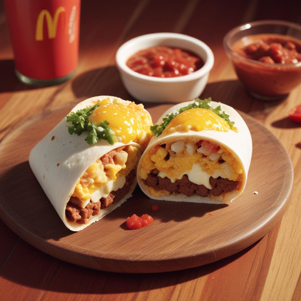 McDonald's breakfast burrito on a plate, cut in half to show the filling with fresh ingredients like eggs, sausage, and cheese