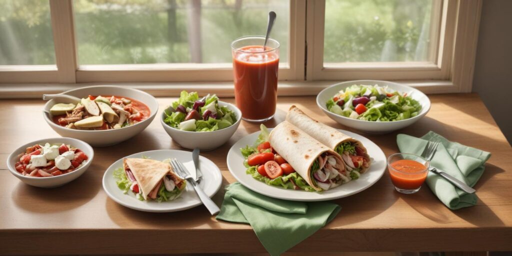 A freshly prepared, nutritious lunch featuring a turkey wrap, Greek salad, and tomato soup on a wooden table with natural lighting.