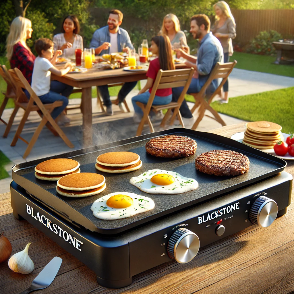 Blackstone griddle cooking burgers, eggs, and pancakes outdoors with a family enjoying the meal