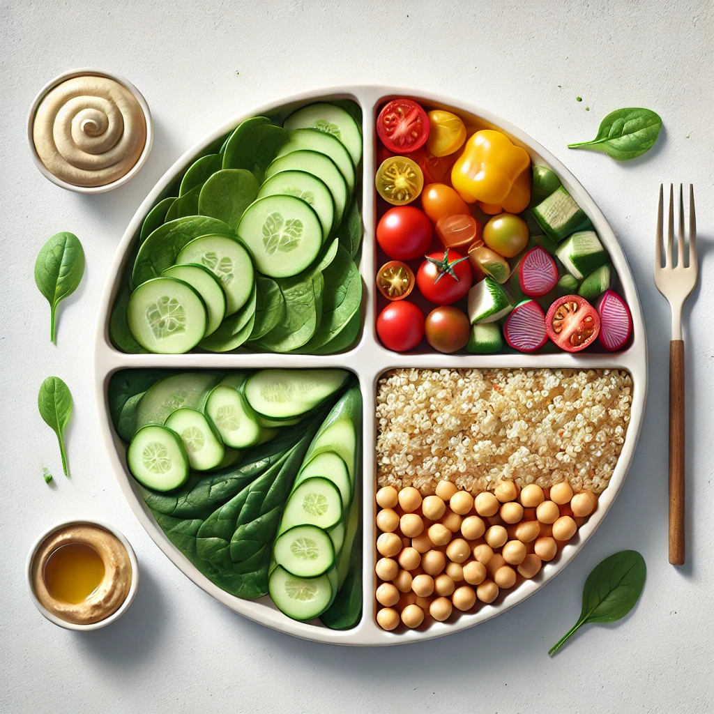 plant-based healthy lunch plate with vegetables, quinoa, chickpeas, and hummus.