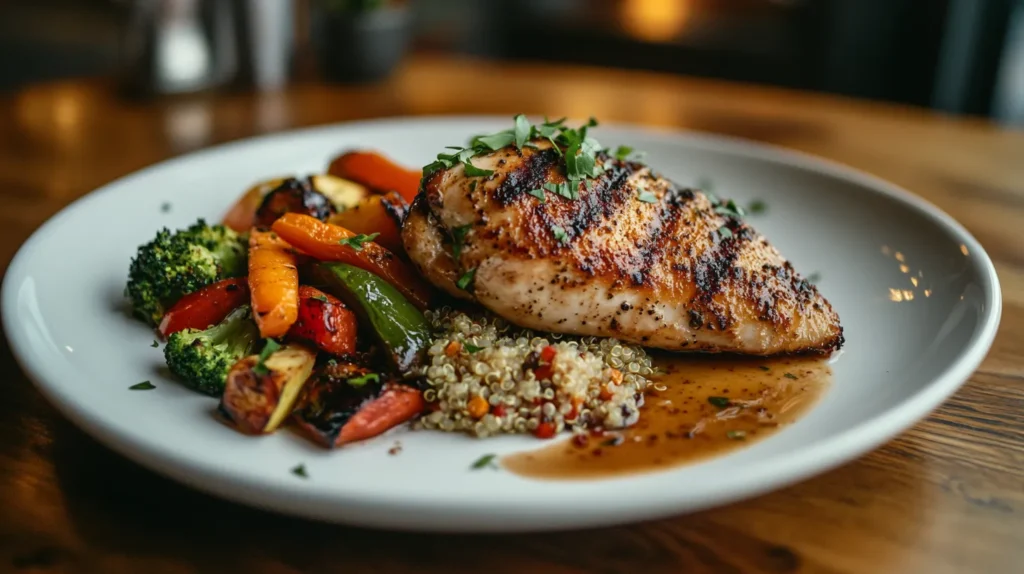 A healthy and delicious quick dinner idea tonight featuring grilled chicken breast, roasted vegetables, and quinoa, served on a white plate with herbs