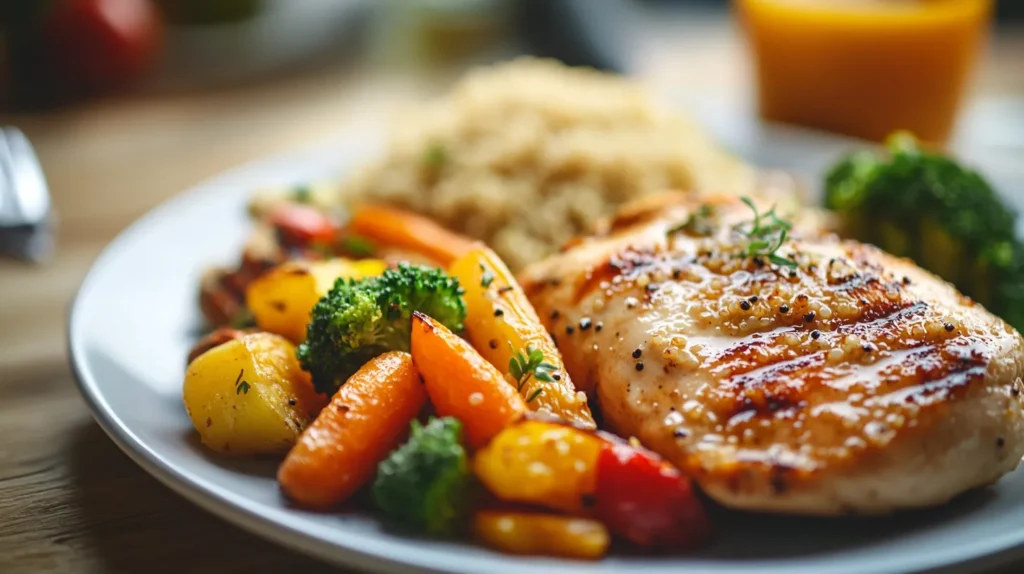 A delicious quick dinner idea tonight featuring grilled chicken breast, roasted vegetables (carrots, broccoli, and potatoes), and quinoa served on a white plate