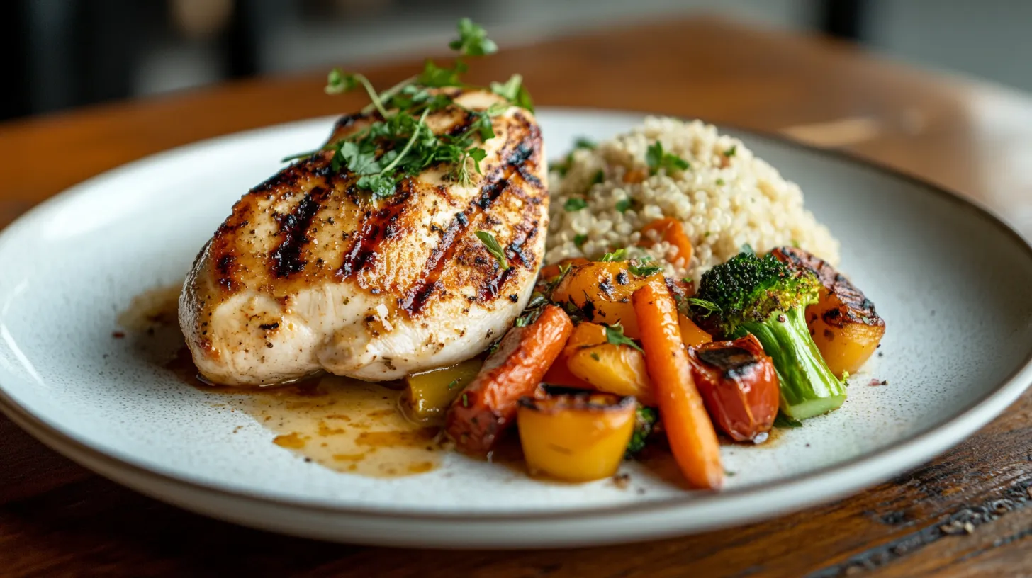 "A delicious quick dinner idea tonight featuring grilled chicken breast, roasted vegetables (carrots, broccoli, and bell peppers), and quinoa served on a light-colored plate."