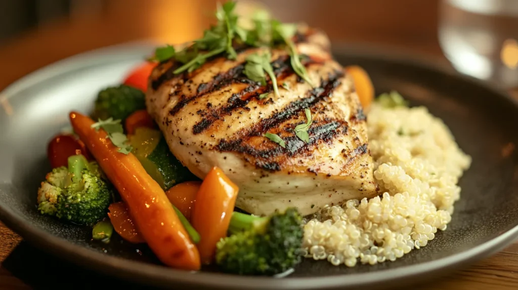 A delicious quick dinner idea tonight featuring grilled chicken breast, roasted vegetables (carrots, broccoli, and bell peppers), and fluffy quinoa served on a dark plate