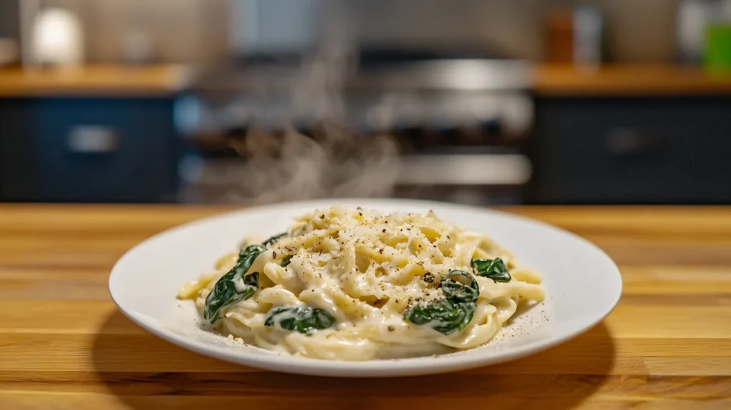 Quick Dinner Recipes – Creamy Alfredo Pasta with Spinach on a White Plate