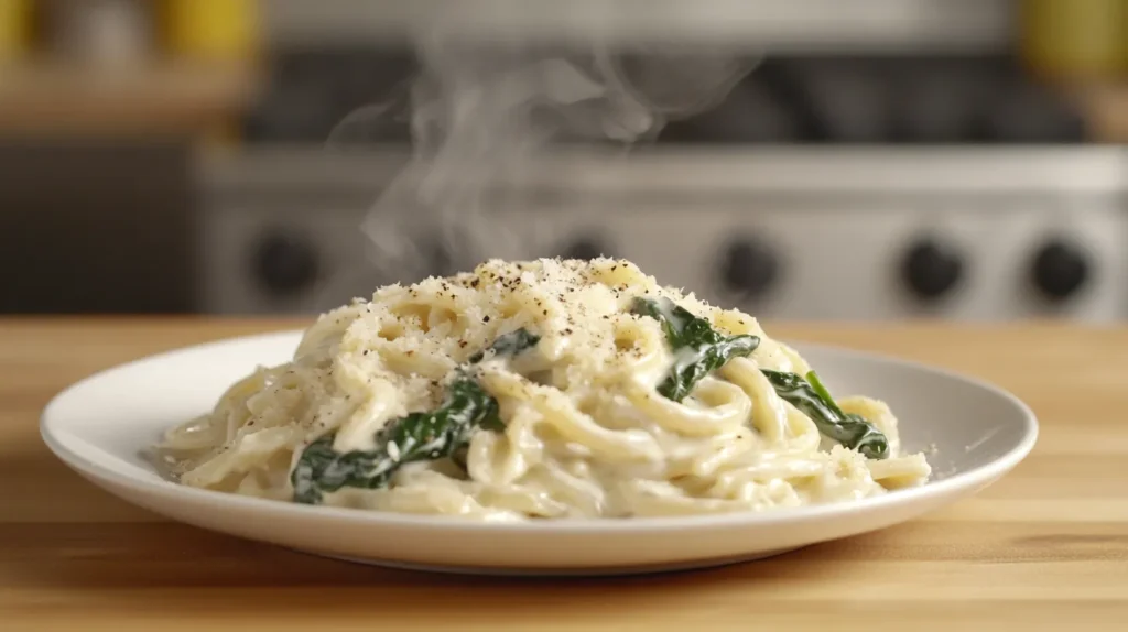 Quick Dinner Recipes – Creamy Alfredo Pasta with Spinach on a White Plate, Freshly Served