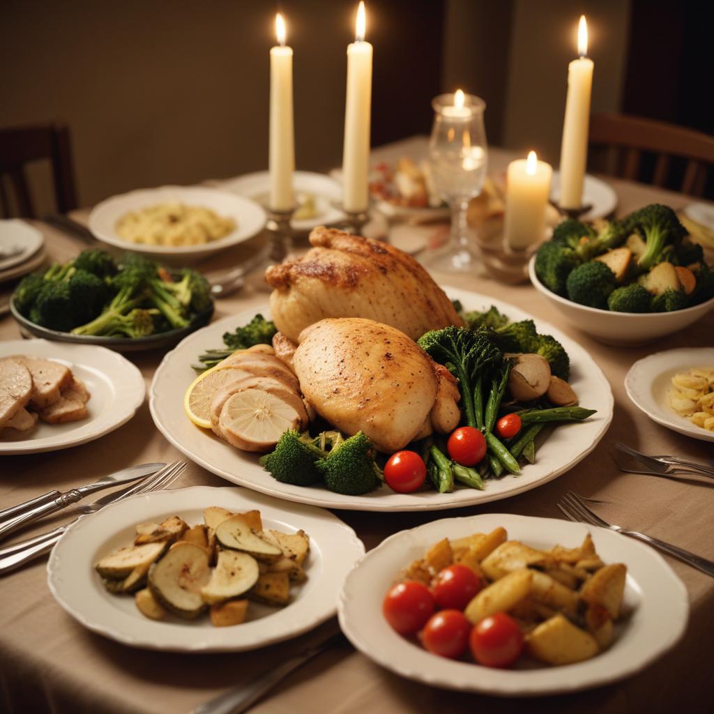 A dinner table with a freshly prepared one-pan lemon garlic chicken and colorful roasted vegetables, served with rice in a cozy kitchen.