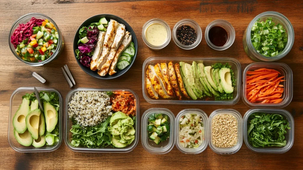 "Meal prep containers with colorful and healthy lunch options, including avocado slices, quinoa, grilled chicken, fresh vegetables, and dressings arranged on a wooden table."