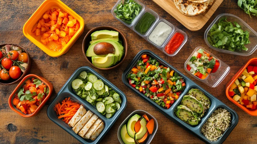 Colorful lunch prep with fresh ingredients including diced vegetables, quinoa, avocado, wraps, sauces, and herbs arranged on a wooden table.