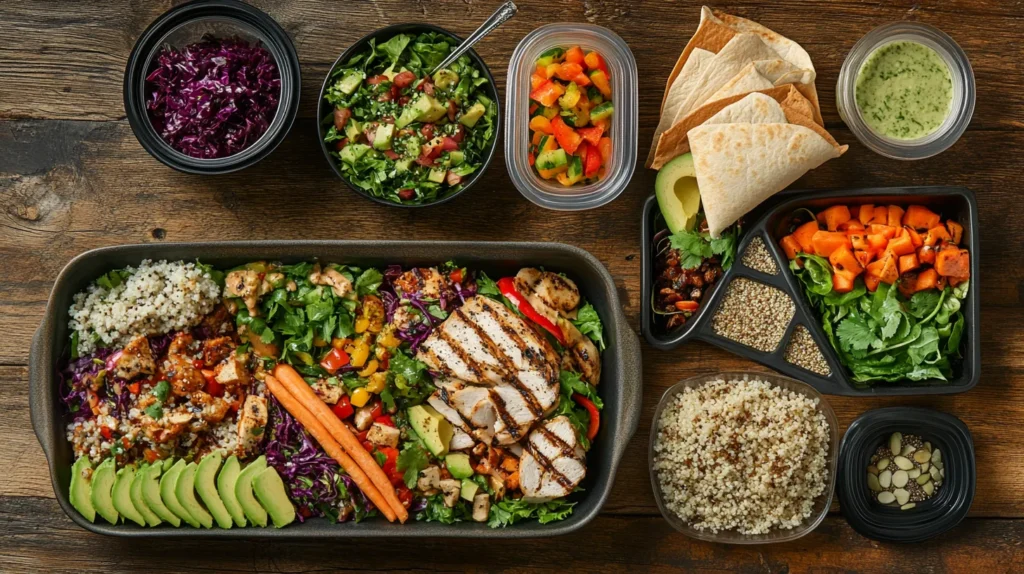 Grilled chicken and fresh vegetables arranged in a meal prep tray with quinoa, avocado slices, carrots, and side dishes like salad, roasted sweet potatoes, and tortillas