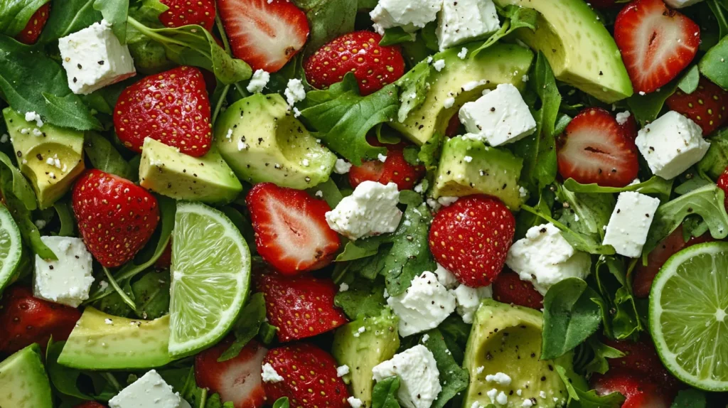 Fresh salad with avocado, strawberries, feta cheese, arugula, and lime – a perfect choice from the Top 10 Healthy Lunch Ideas for a balanced diet.