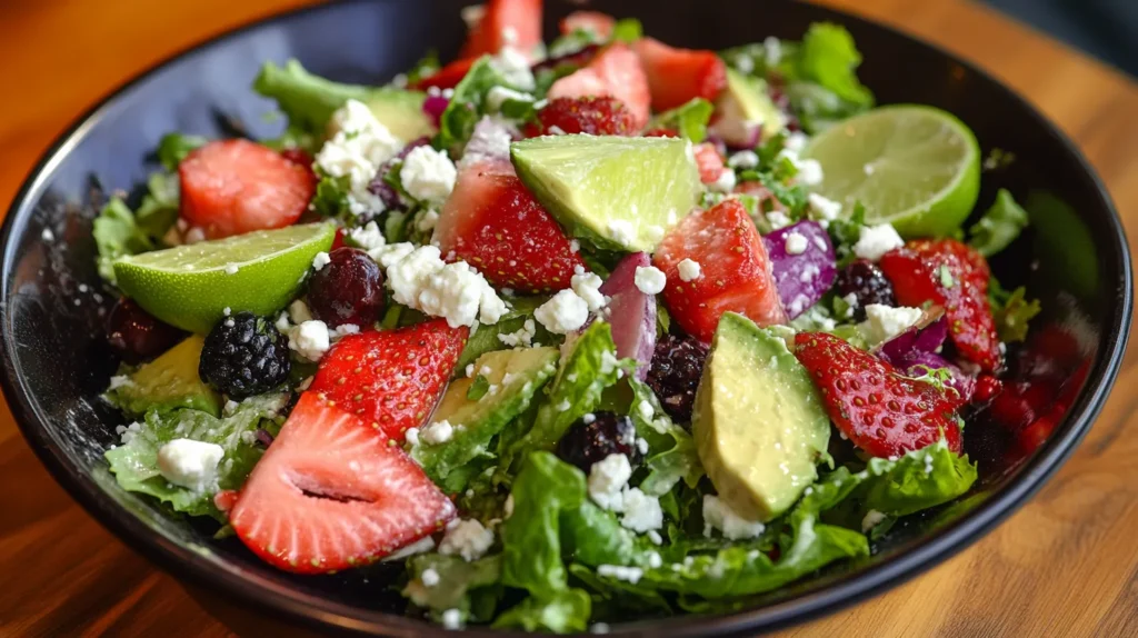 Colorful salad with avocado, strawberries, feta cheese, mixed greens, and lime – a delicious and nutritious option from the Top 10 Healthy Lunch Ideas.