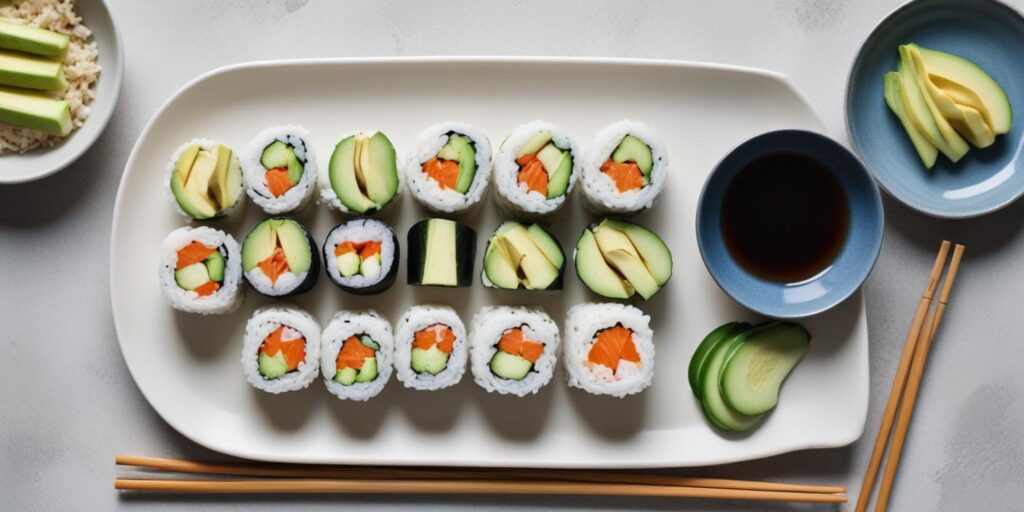 "Top-down view of a gluten-free sushi platter with avocado, cucumber, and salmon rolls served with soy sauce, sliced avocado, and chopsticks."