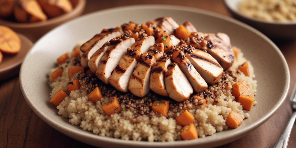 A weight-loss meal featuring grilled chicken slices served over quinoa and roasted sweet potatoes, arranged beautifully on a ceramic plate