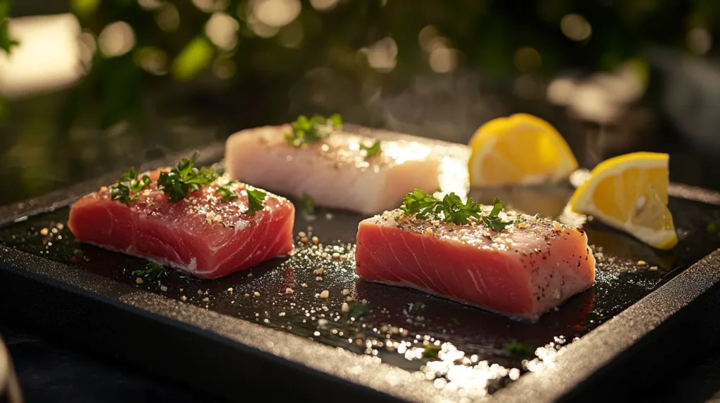 How to cook fish on the Blackstone griddle: A realistic scene of a Blackstone griddle cooking tuna, halibut, and mahi-mahi fillets with lemon wedges and parsley garnish.