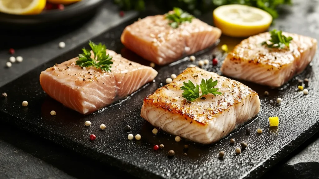 How to cook fish on the Blackstone griddle: A realistic scene of a Blackstone griddle cooking tuna, halibut, and mahi-mahi fillets with lemon wedges and parsley garnish.