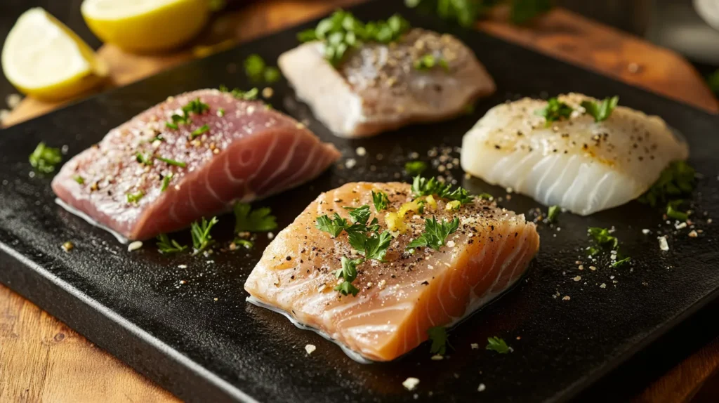 How to cook fish on the Blackstone griddle: A realistic scene of a Blackstone griddle cooking tuna, halibut, and mahi-mahi fillets with lemon wedges and parsley garnish.