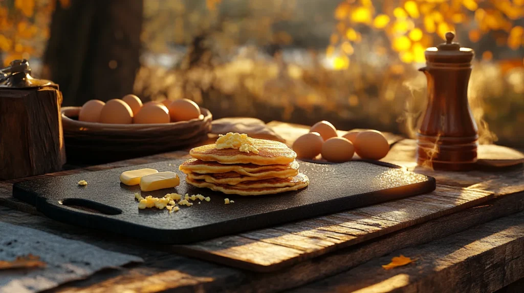 Is butter good for Blackstone: A stack of golden pancakes with melting butter on a Blackstone griddle, set on a rustic wooden table with fresh eggs and a steaming coffee pot in a cozy outdoor setting.