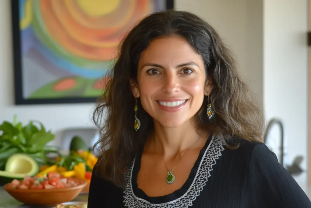 A smiling woman in a kitchen with fresh ingredients like avocado, tomatoes, and herbs in the background. A perfect setting for discussing breakfast burrito calories and healthy eating.