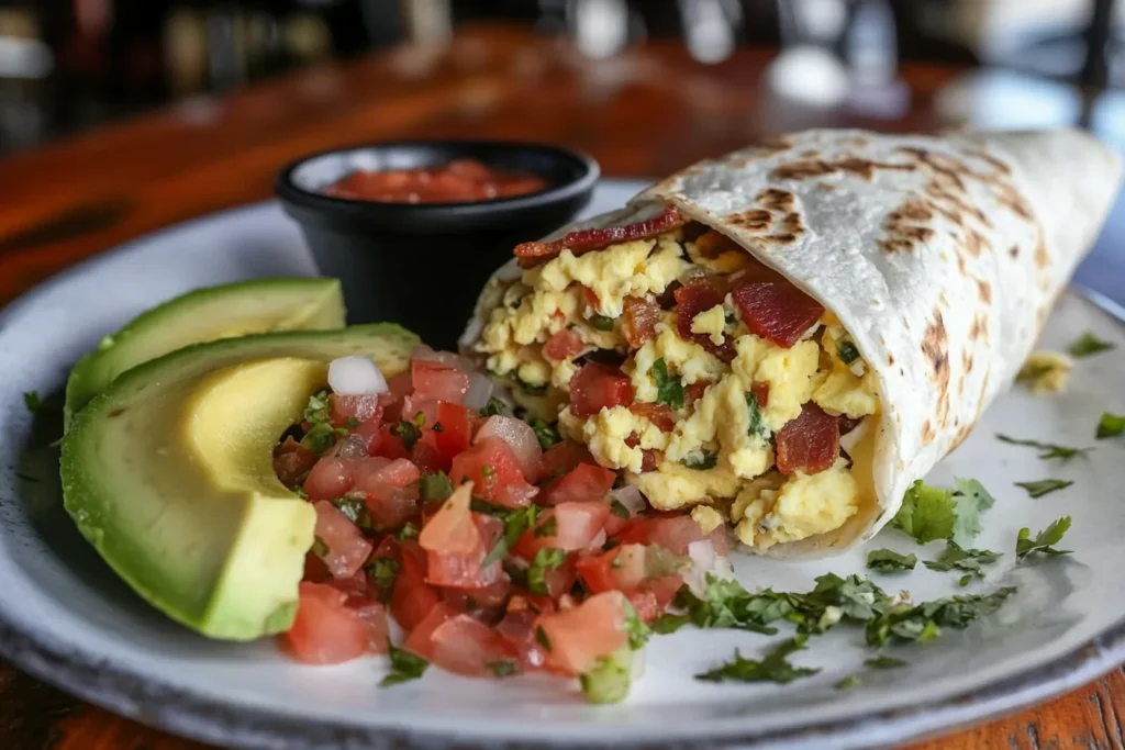 A freshly grilled breakfast burrito filled with scrambled eggs, crispy bacon, and cheese, served with avocado slices, salsa, and cilantro. Learn about breakfast burrito calories and nutrition facts
