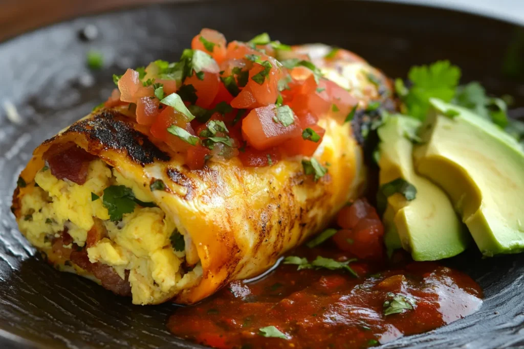 A cheesy grilled breakfast burrito filled with scrambled eggs, bacon, and fresh toppings, served with avocado and salsa. Learn about breakfast burrito calories and nutrition