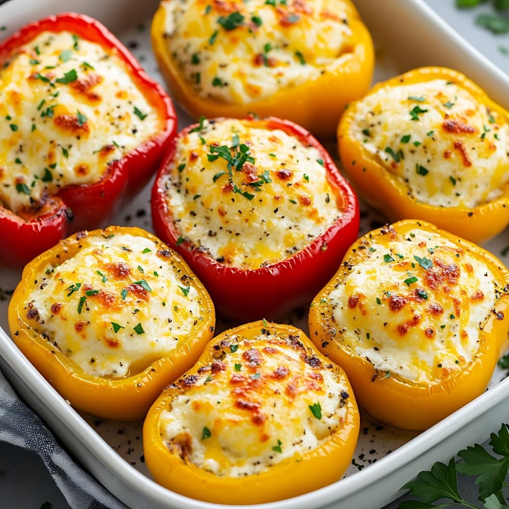 Close-up of baked stuffed bell peppers filled with cottage cheese and herbs, garnished with melted cheese and parsley