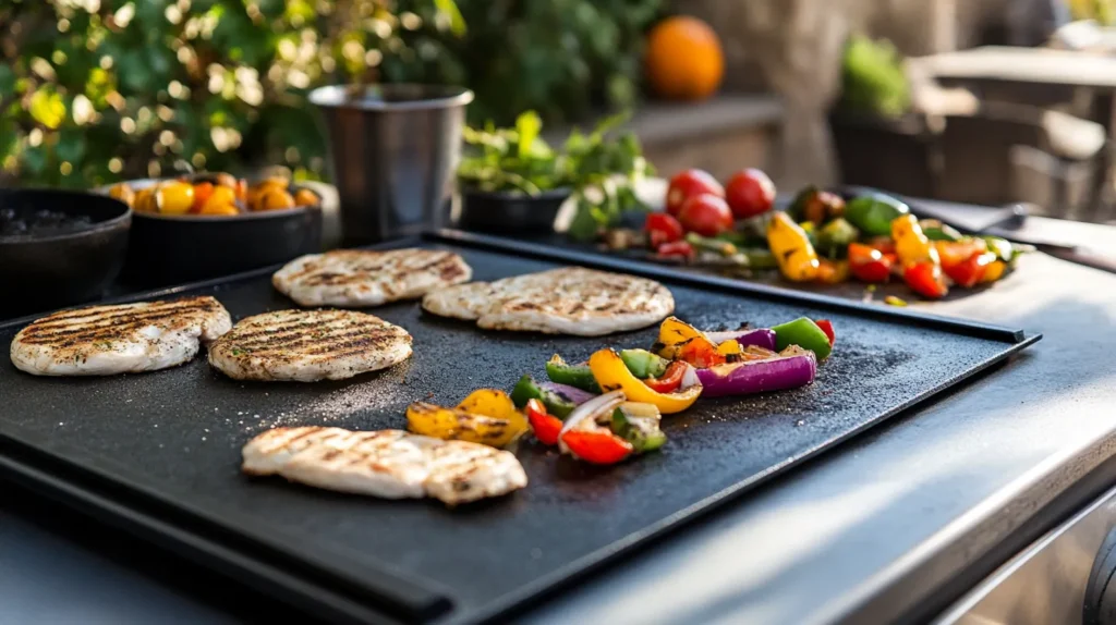 Is cooking on a Blackstone healthy? Grilled chicken breast and colorful vegetables, including bell peppers and onions, cooked on a Blackstone griddle. A nutritious outdoor meal with minimal oil, highlighting healthy cooking methods.