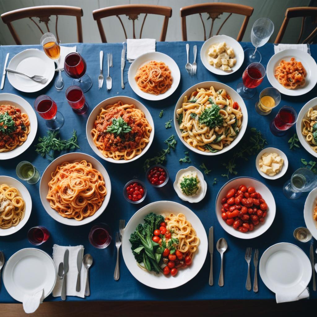 A vibrant Italian dinner table set with various bowls of pasta, fresh vegetables, and garnishes on a blue tablecloth, surrounded by glasses of red and white wine.