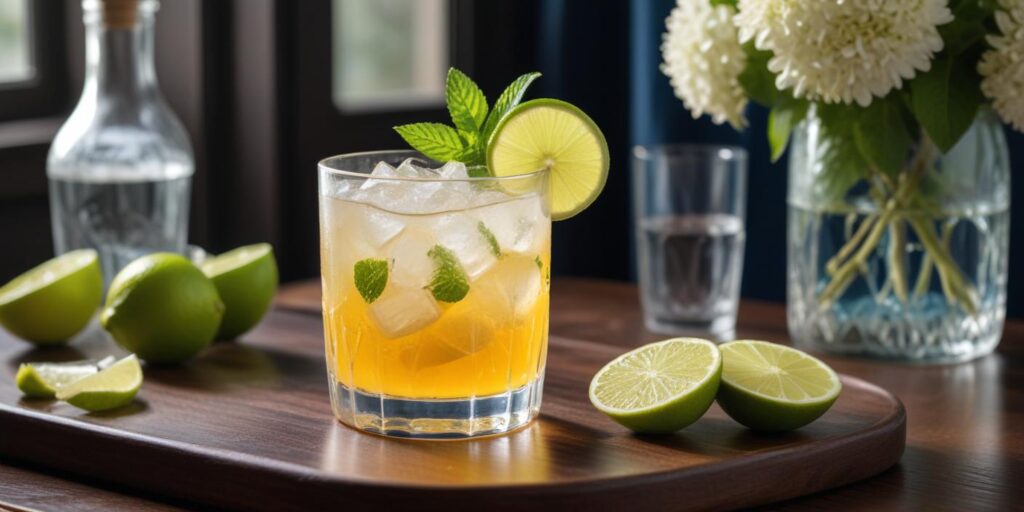  A refreshing Hugo Spritz mocktail in a short glass, garnished with fresh mint and lime, set on a wooden tray with limes and flowers in the background.