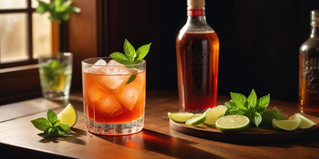 A vibrant Hugo Spritz mocktail in a short glass, garnished with fresh mint and lime, placed on a wooden table with bottles and lime slices in the background.