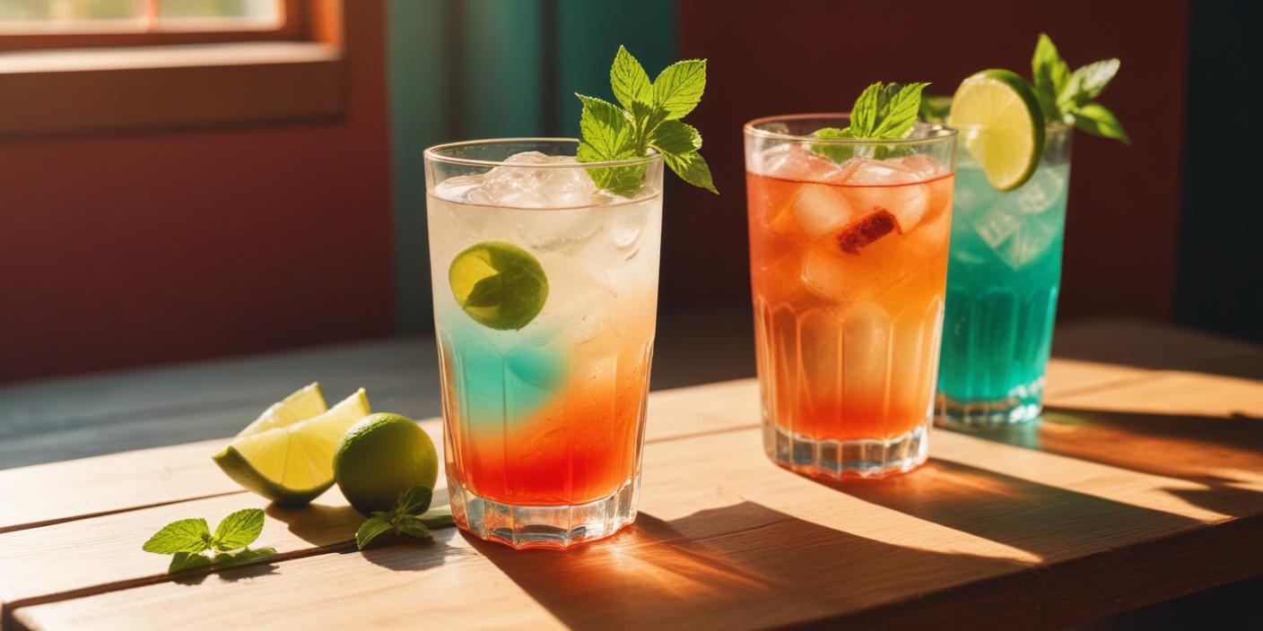 Three vibrant Hugo Spritz mocktails in tall glasses, each garnished with fresh mint leaves and lime, placed on a wooden table with natural sunlight.