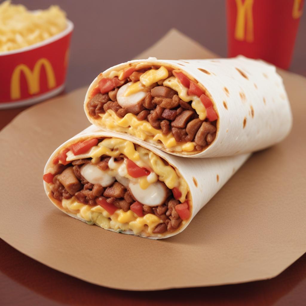 McDonald's breakfast burrito with scrambled eggs, sausage, cheese, and tomatoes wrapped in a tortilla.