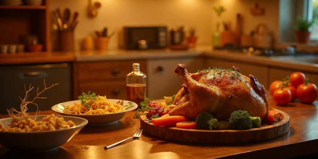 A beautifully roasted whole chicken surrounded by fresh vegetables, pasta, and side dishes in a cozy kitchen setting, perfect for a family dinner.