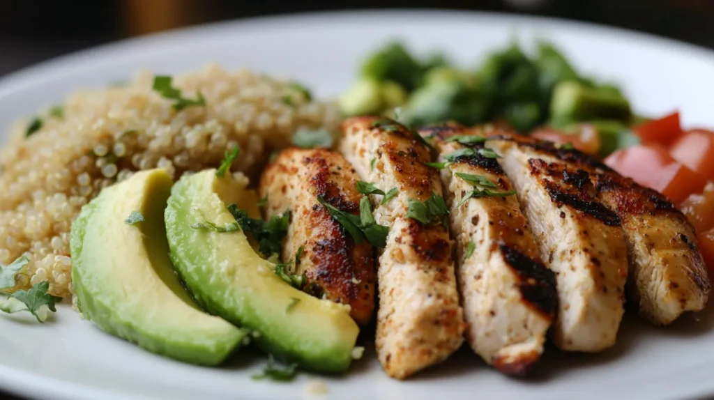 Healthy balanced lunch featuring grilled chicken breast, quinoa, avocado, and fresh vegetables on a white plate.