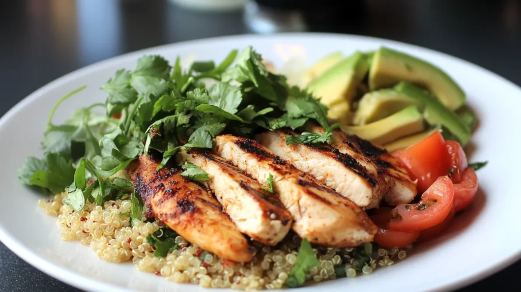 Healthy balanced lunch with grilled chicken breast, quinoa, avocado, fresh tomatoes, and leafy greens on a white plate.